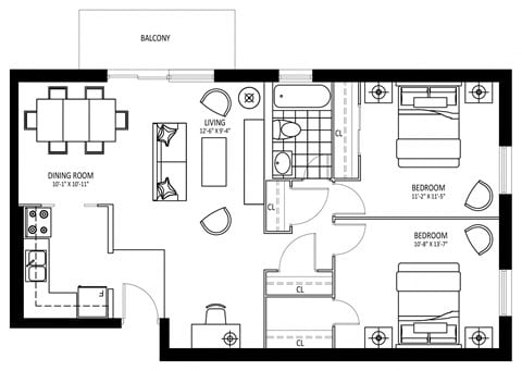 Floor plan for 2 beds, 1 bath, 933 sqft